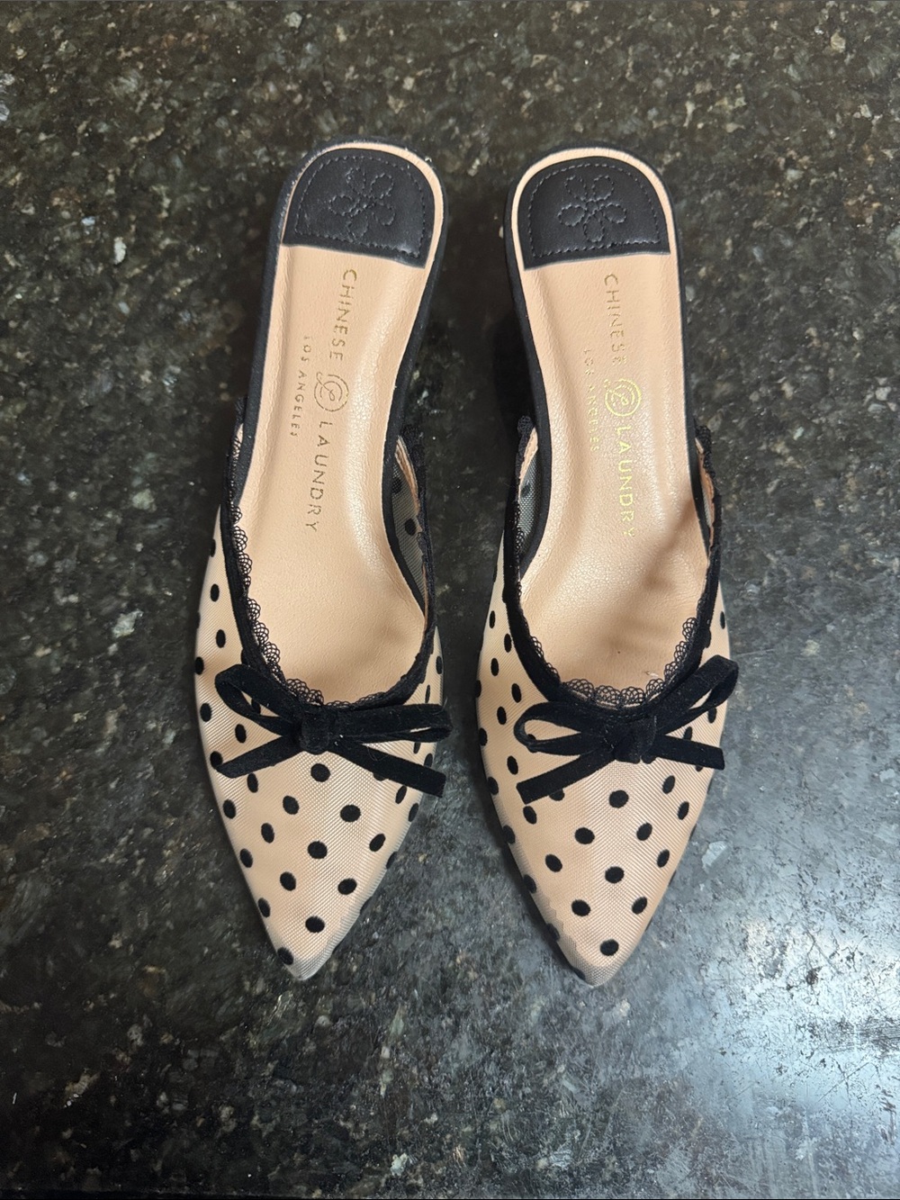 NEW Chinese Laundry Beige Polka Dot Pointed Mules with Black Trim